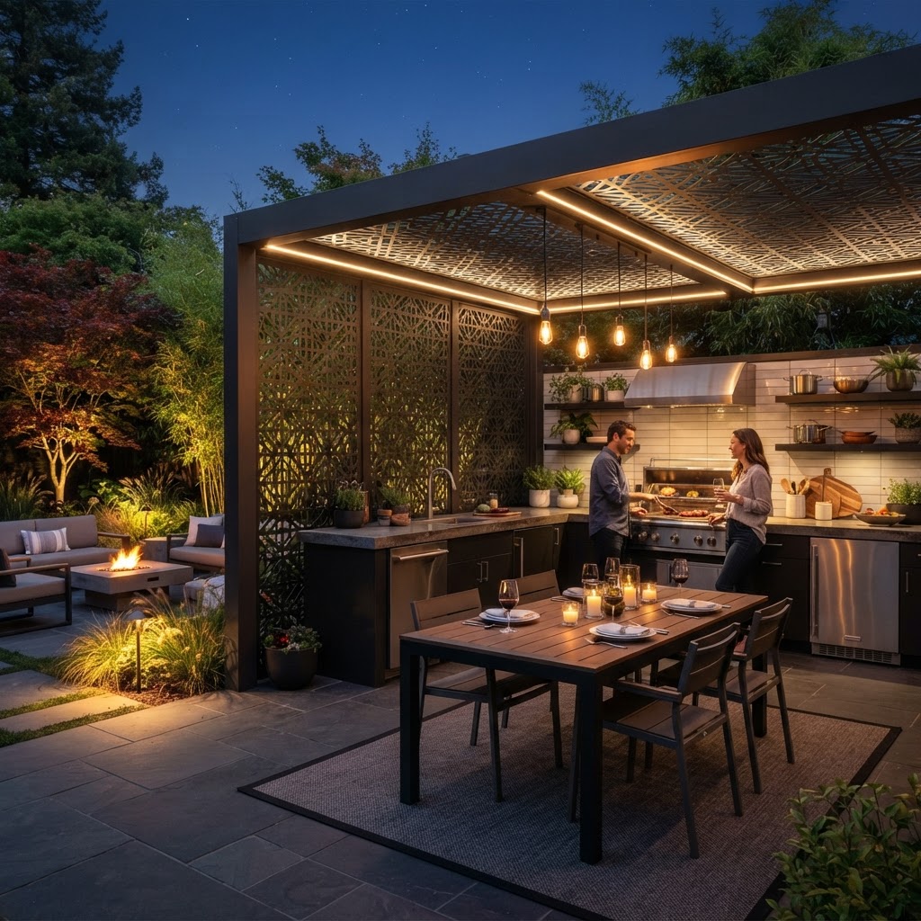Outdoor living space with metal shade pergola and privacy screen panels by KorFab
