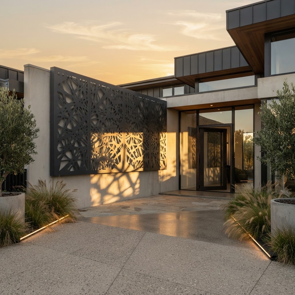 Exterior courtyard feature wall with laser-cut metal panel at golden hour by KorFab