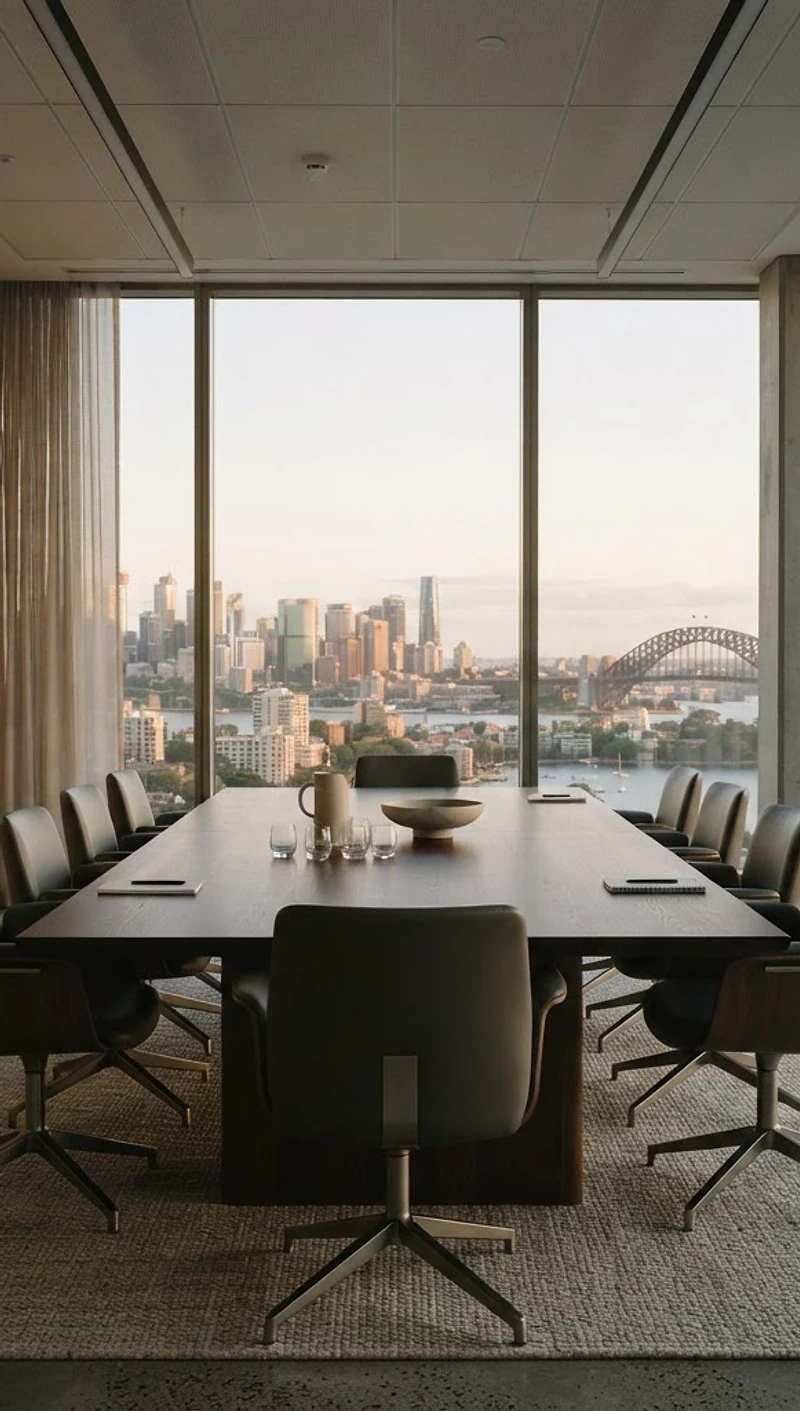 Calm, modern professional boardroom in soft afternoon light