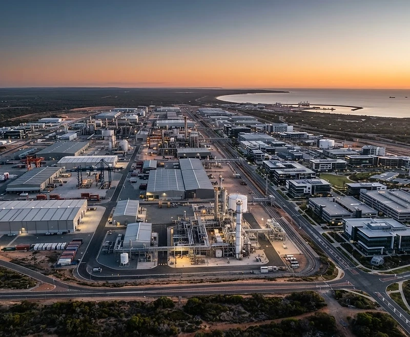 Modern Australian industrial site and business district at dawn