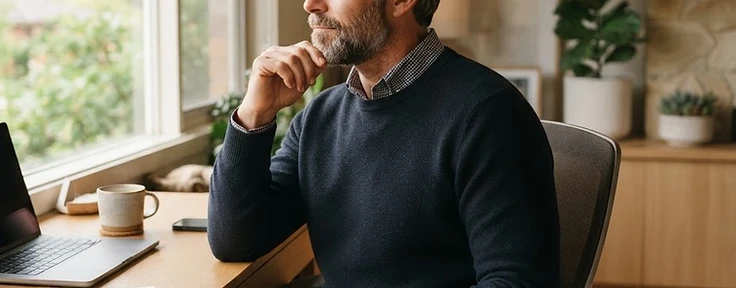 Man in a calm, modern Australian home office setting