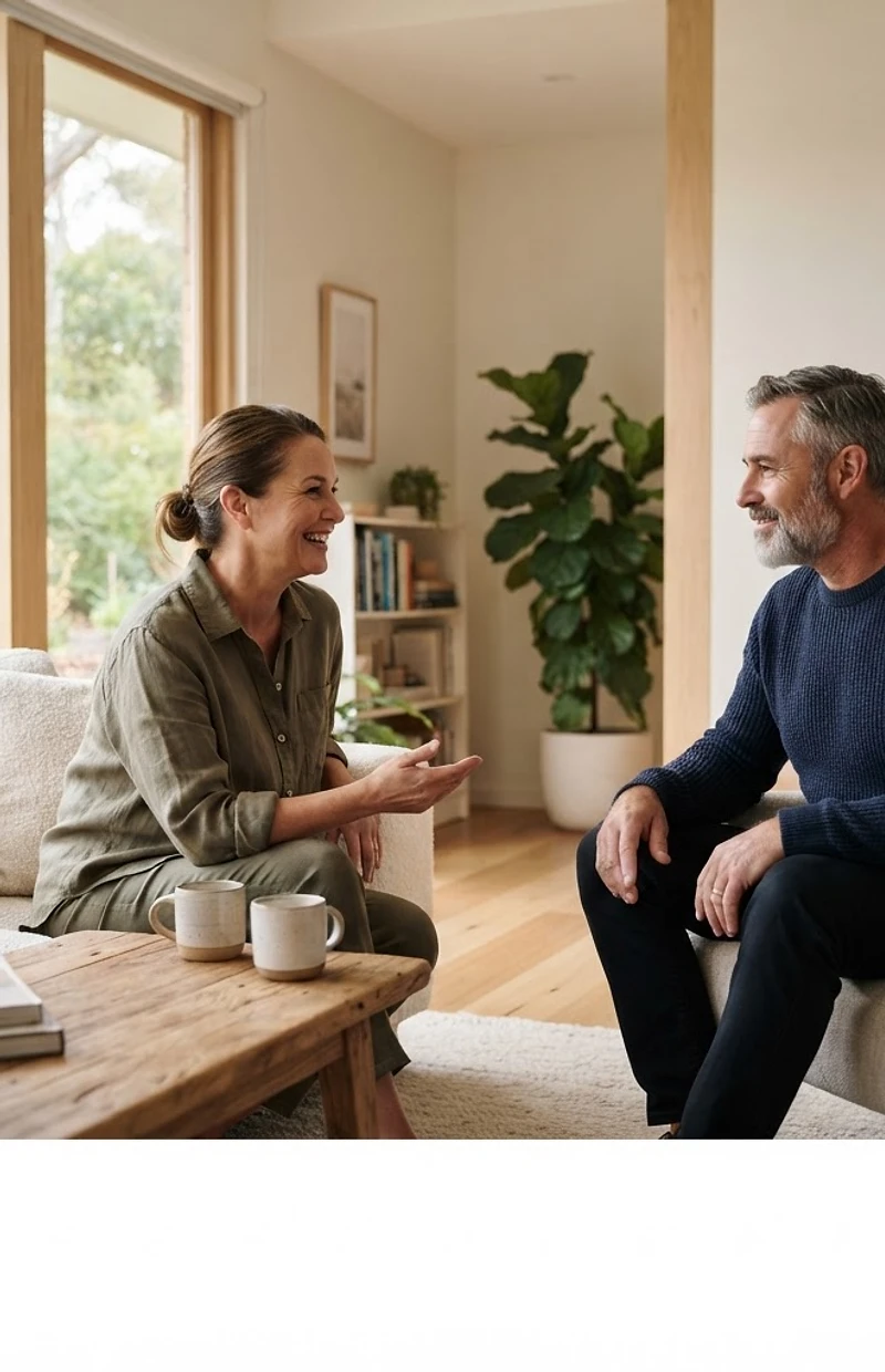Two people in a calm, supportive conversation in a bright modern room