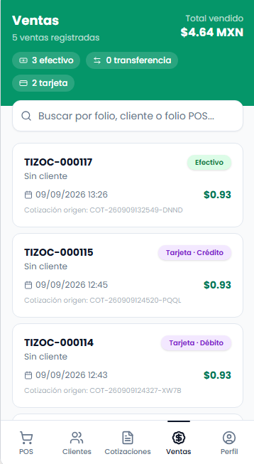 Pantalla de Ventas de Nickmar Vendedor en Campo con total vendido, métricas de pago y lista de ventas registradas