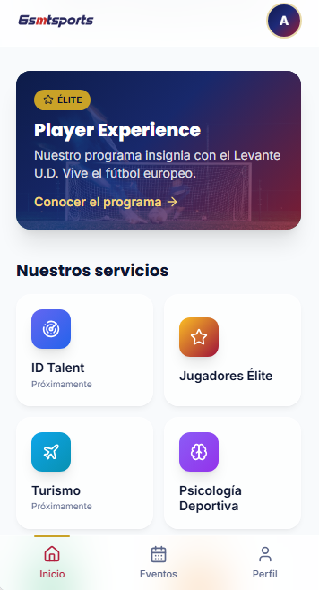 Pantalla de inicio de GSMT Sports con el programa Player Experience y la cuadrícula de servicios