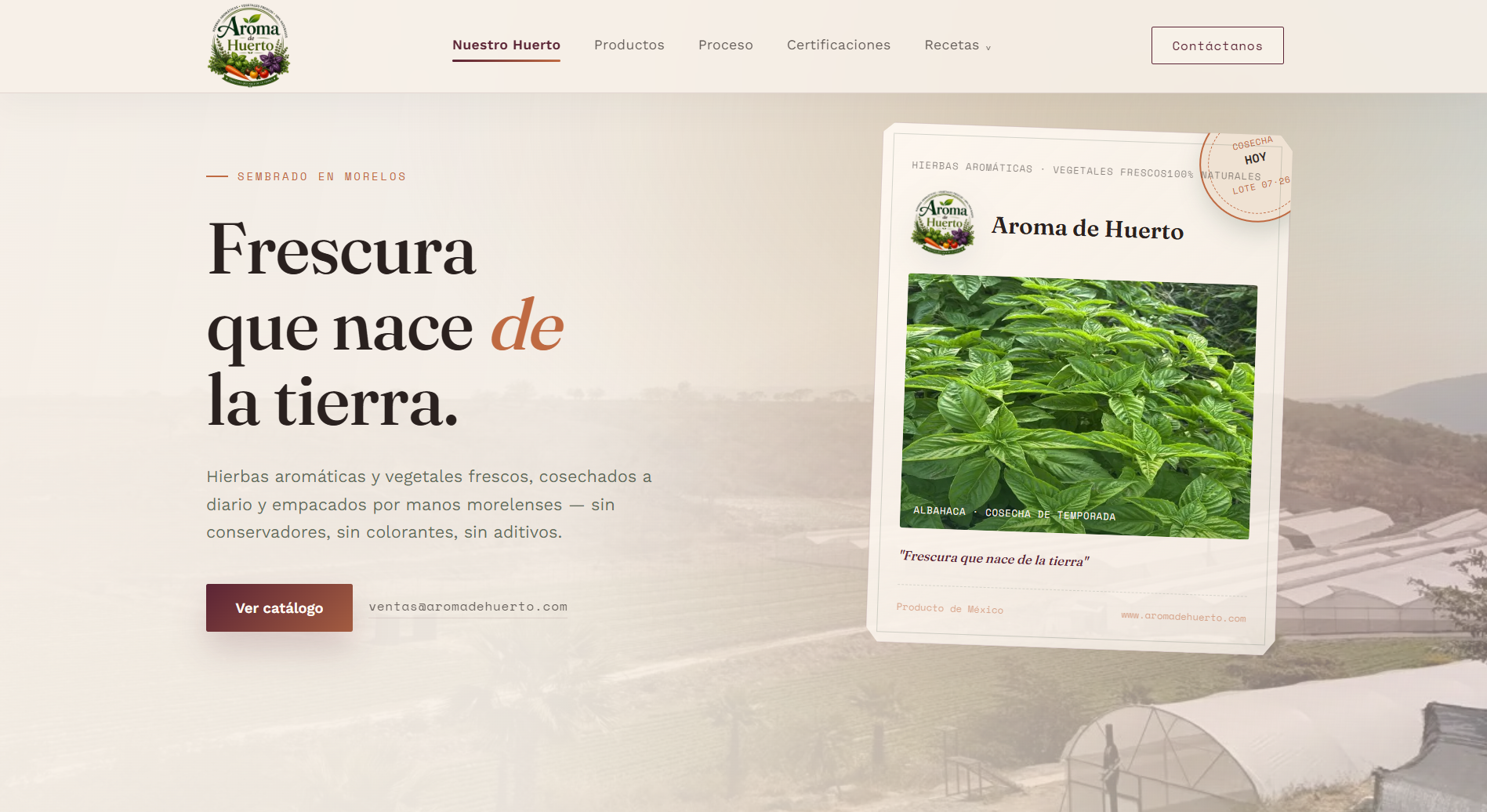 Captura de pantalla de la landing page de Aroma de Huerto, tienda online de hierbas aromáticas y vegetales frescos en Morelos