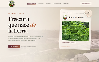 Captura de pantalla de la landing page de Aroma de Huerto, tienda online de hierbas aromáticas y vegetales frescos en Morelos