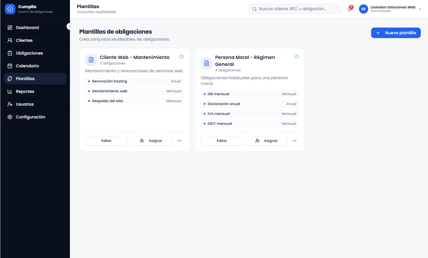Módulo de plantillas del sistema contable con conjuntos reutilizables de obligaciones