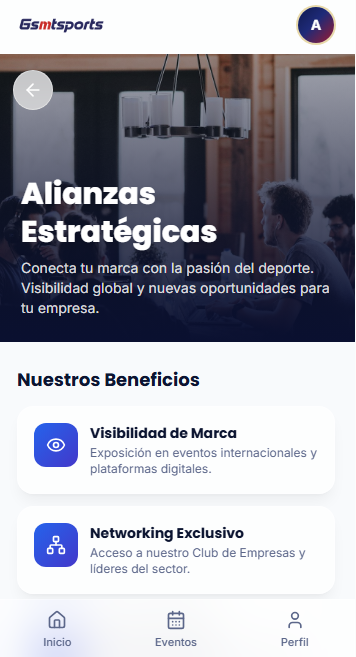 Pantalla de Alianzas Estratégicas en GSMT Sports con beneficios de visibilidad y networking