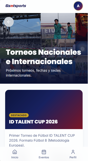 Pantalla de Torneos Nacionales e Internacionales en GSMT Sports con banner y tarjeta de torneo destacado
