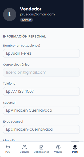 Pantalla de Perfil de Nickmar Vendedor en Campo con datos del vendedor y formulario de información personal