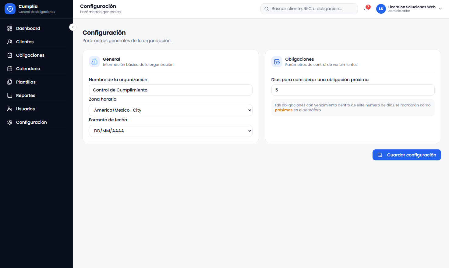 Configuración general del sistema contable con parámetros de organización y control de vencimientos