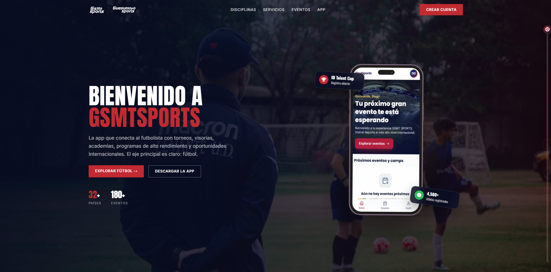 Captura de pantalla del sitio web de GSMT Sports, plataforma deportiva con torneos, visorías y programas de alto rendimiento