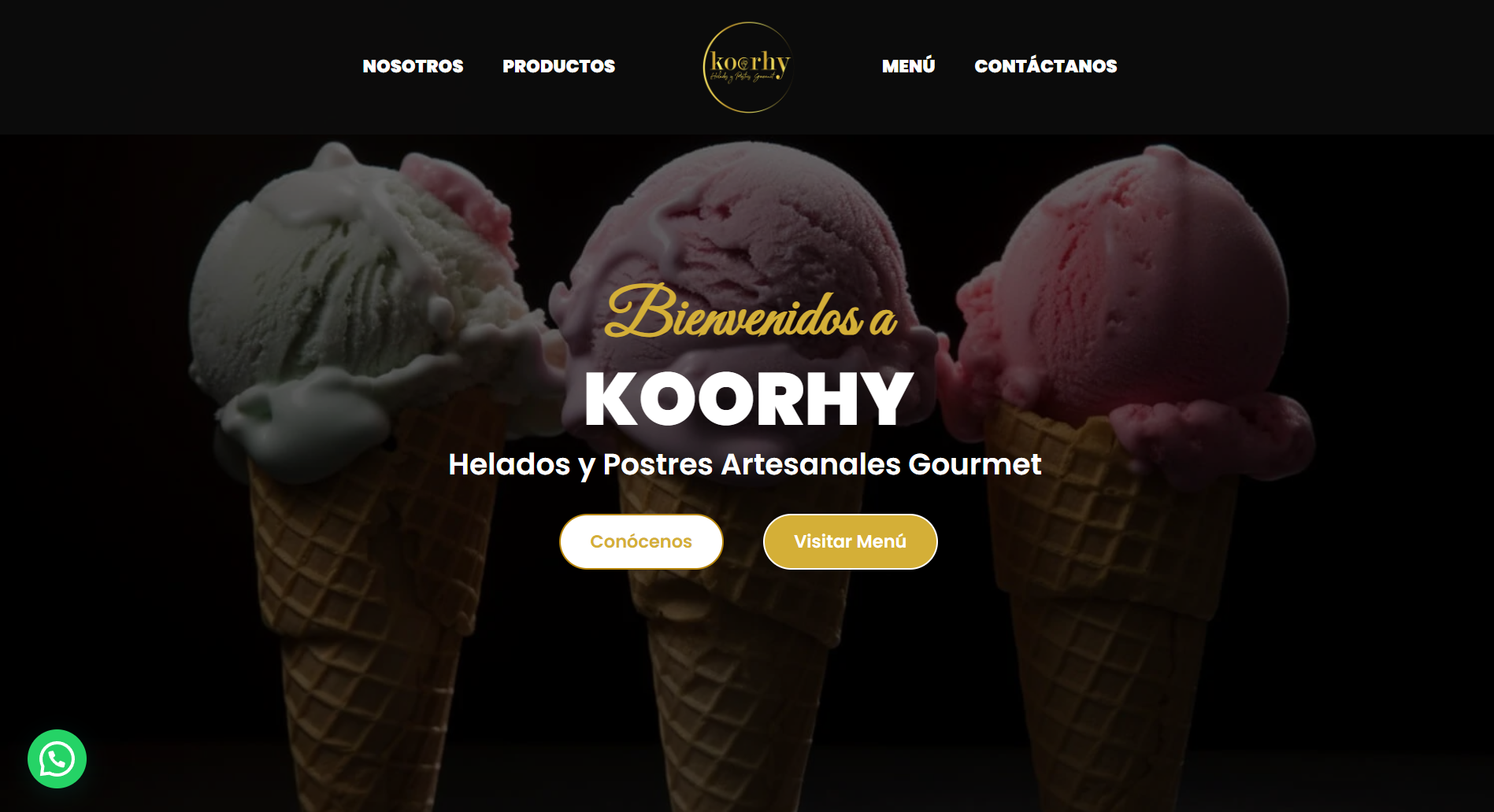 Captura de pantalla de la landing page de Koorhy, helados y postres artesanales gourmet