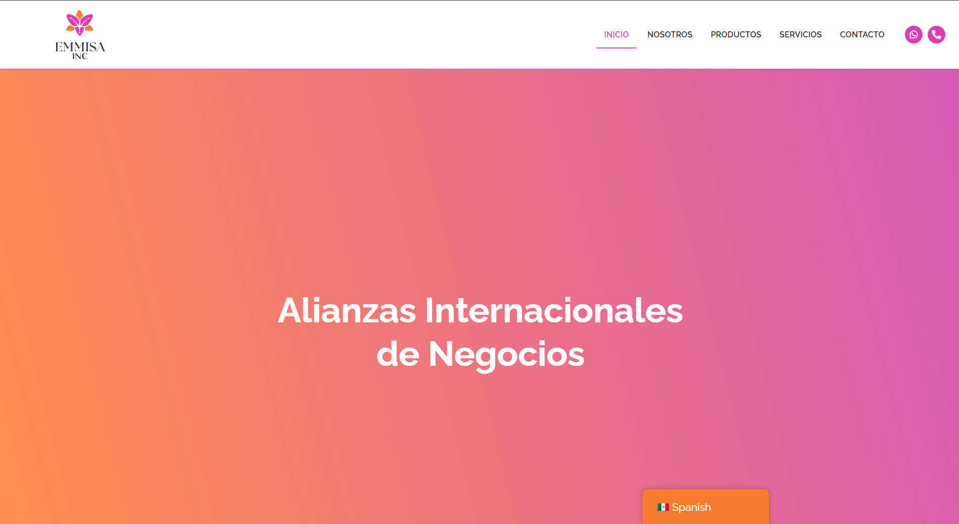 Captura de pantalla del sitio web de Emmisa Inc, alianzas internacionales de negocios