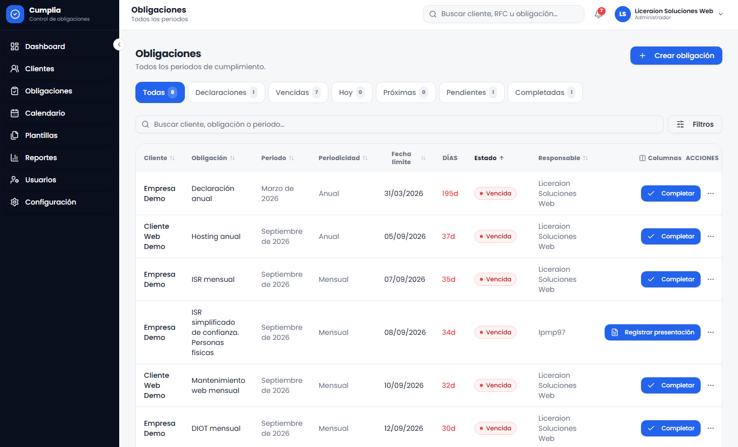 Módulo de obligaciones del sistema contable con filtros por estado y semáforo de días restantes
