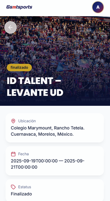 Detalle del evento ID Talent Levante UD en GSMT Sports con ubicación, fecha y estatus