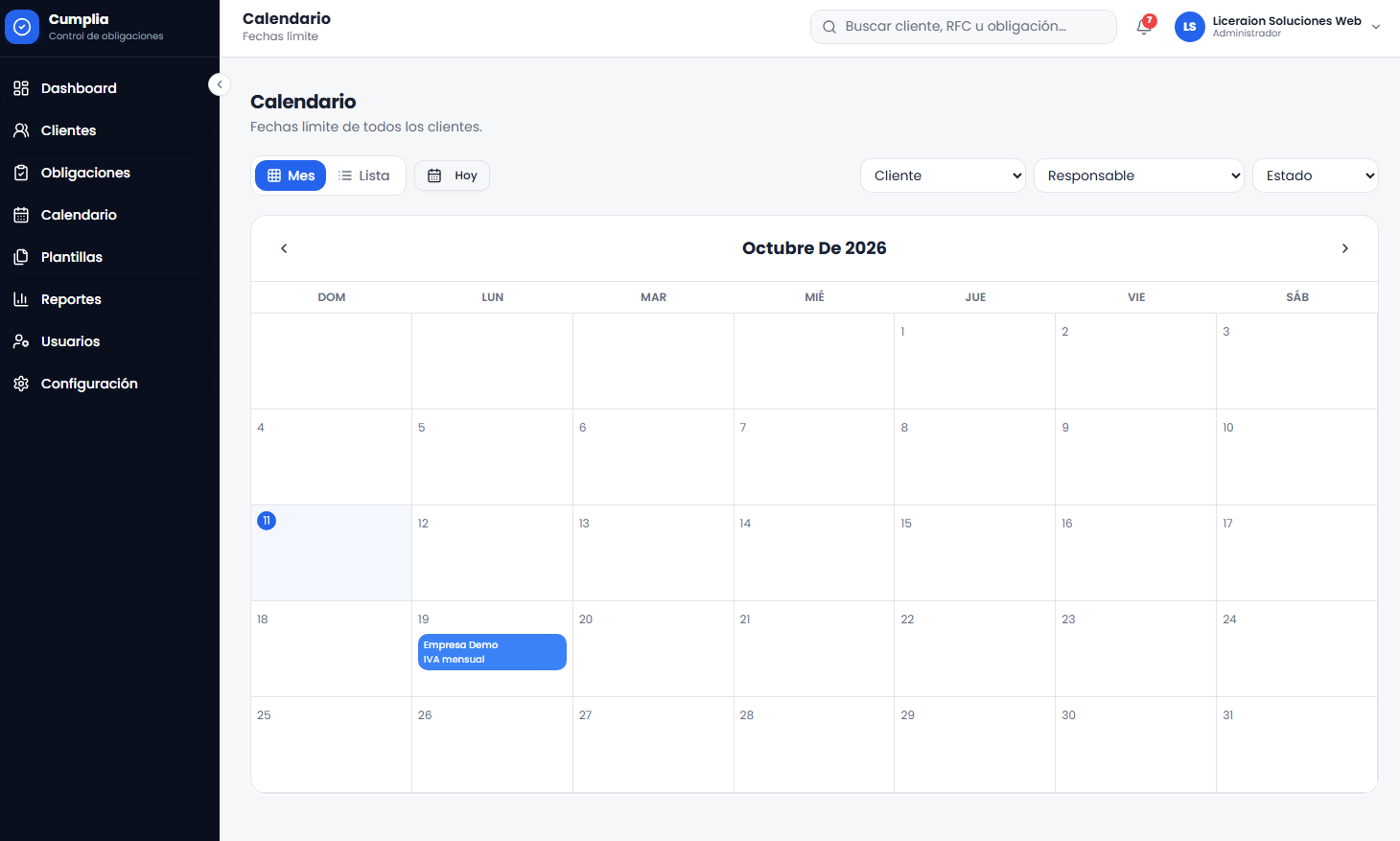 Calendario mensual del sistema contable con vencimientos y filtros por cliente, responsable y estado
