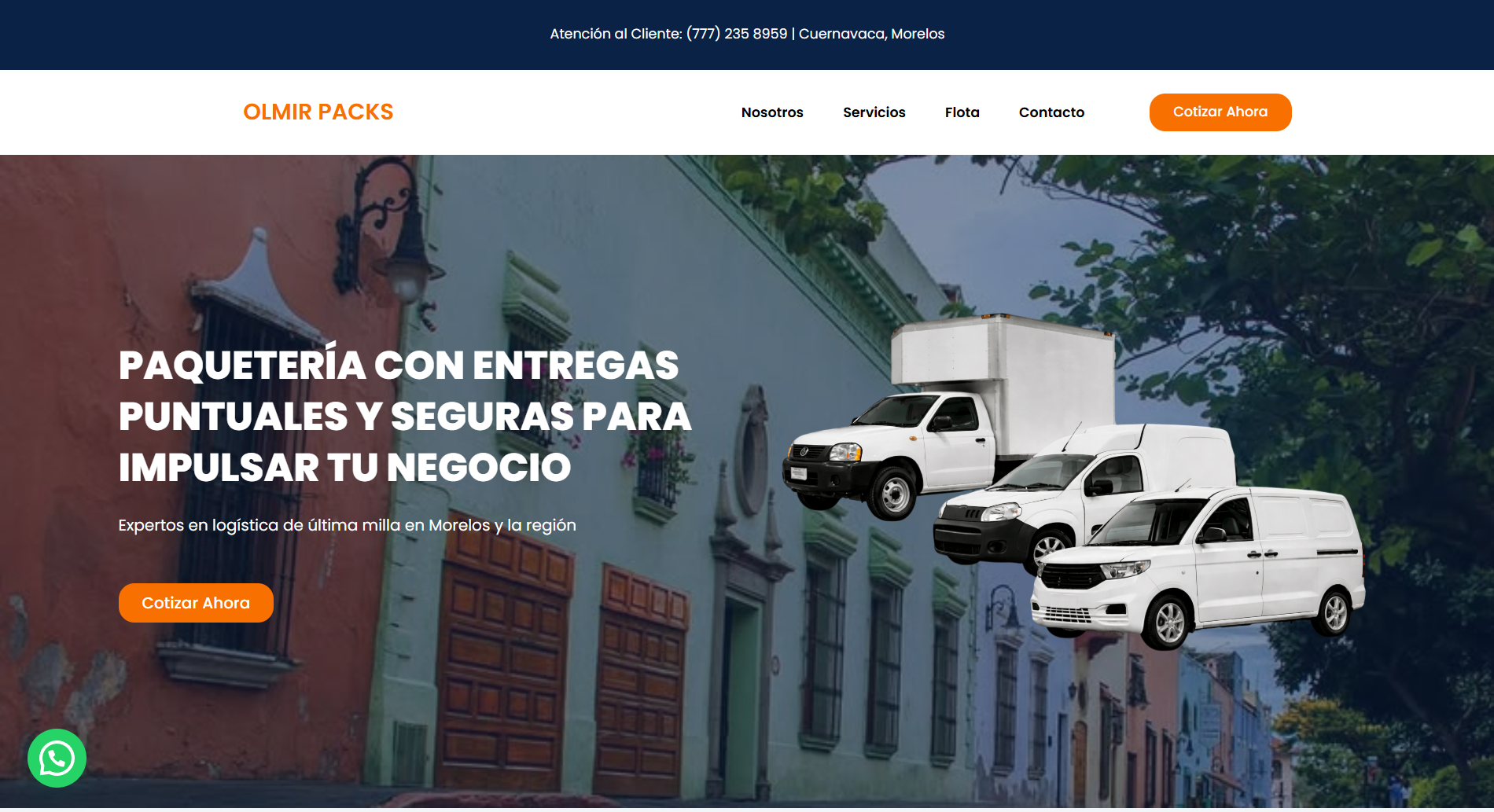 Captura de pantalla de la landing page de Olmir Packs, empresa de paquetería y logística de última milla en Morelos