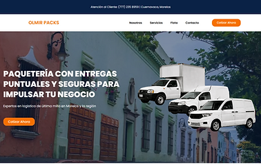 Captura de pantalla de la landing page de Olmir Packs, empresa de paquetería y logística de última milla en Morelos