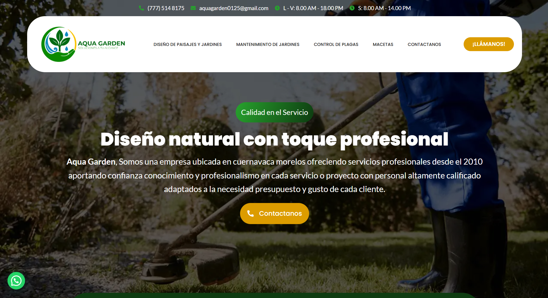 Captura de pantalla del sitio web de Aqua Garden, diseño y mantenimiento de jardines en Cuernavaca