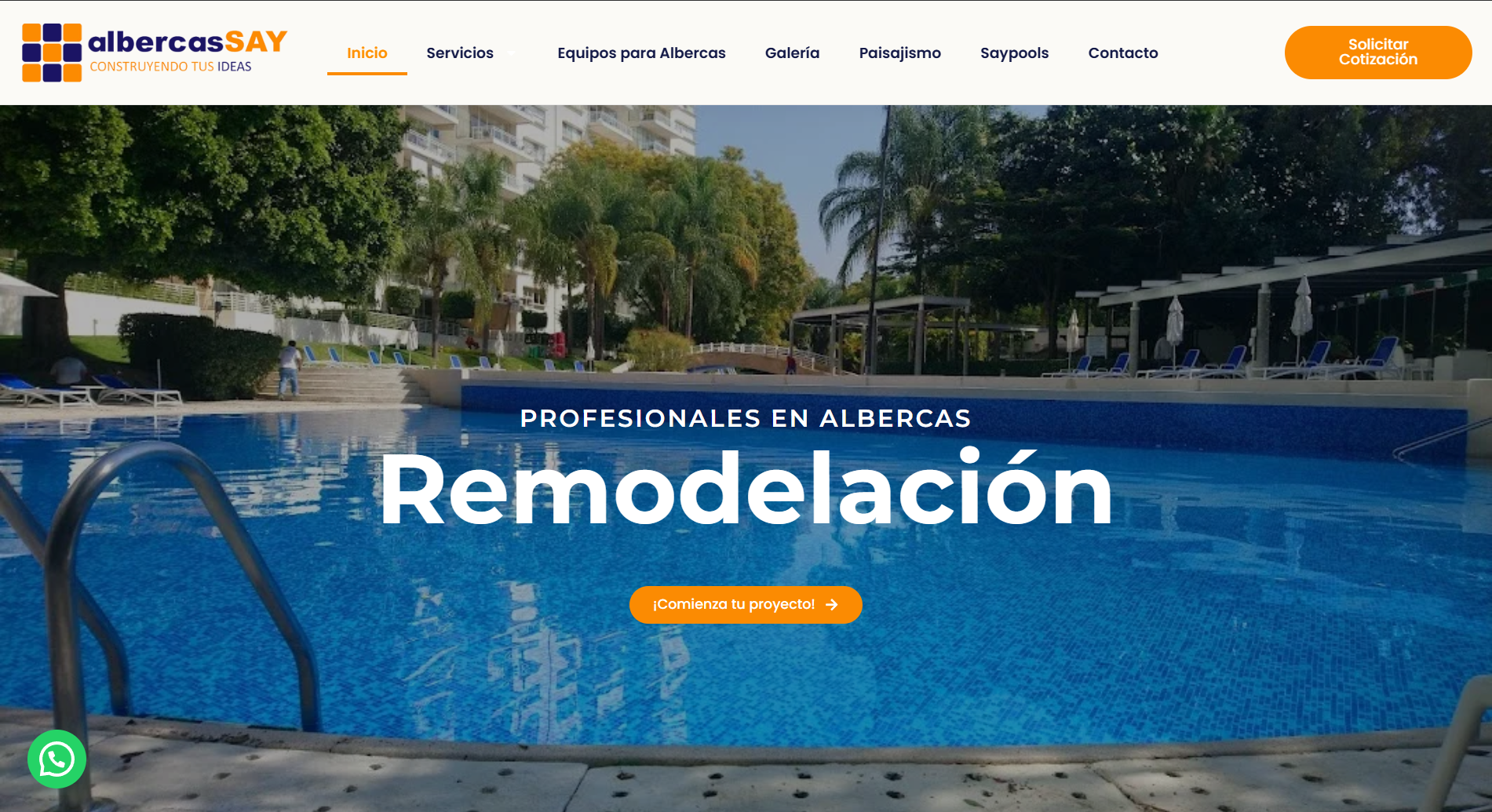 Captura de pantalla del sitio web de Albercassay, empresa de construcción y mantenimiento de albercas en Morelos, México