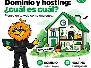 Leonidas explica la diferencia entre dominio y hosting utilizando una casa como ejemplo de una página web.