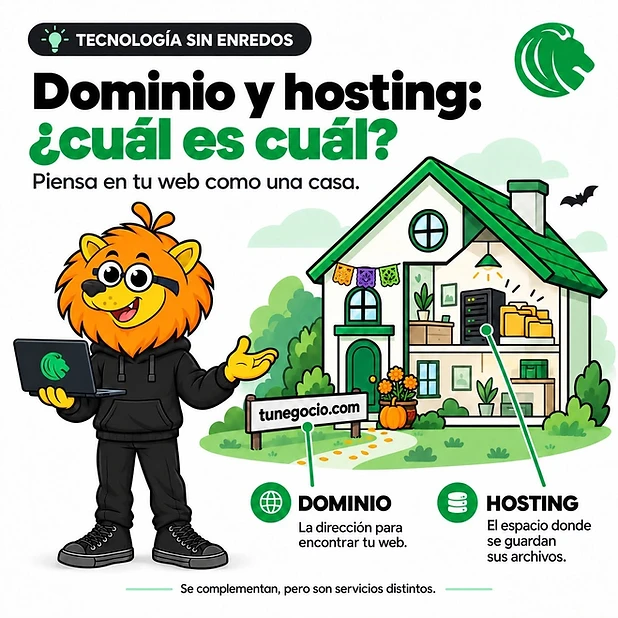 Leonidas explica la diferencia entre dominio y hosting utilizando una casa como ejemplo de una página web.