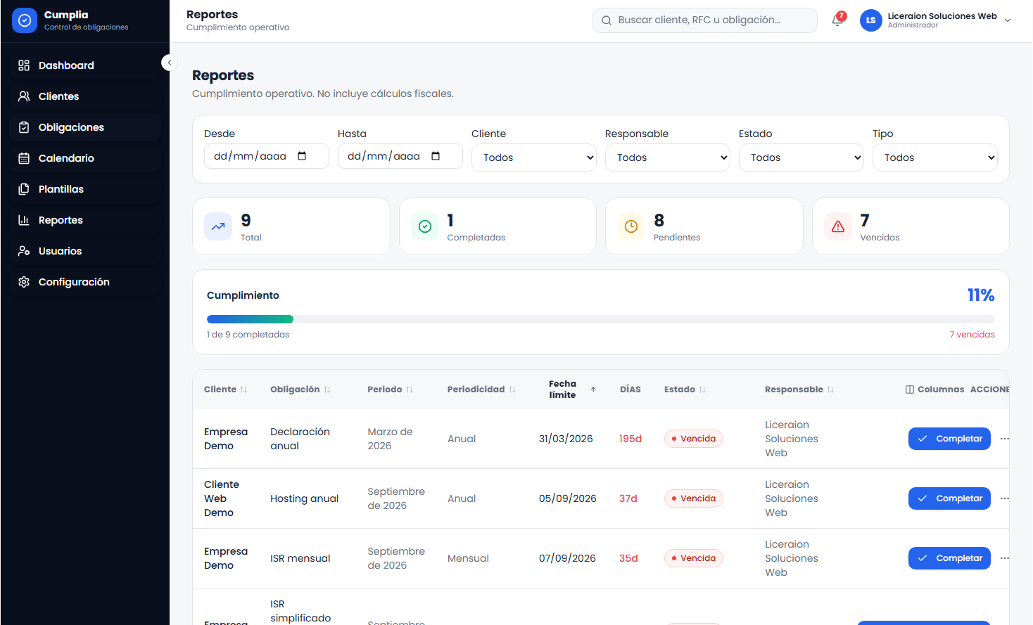 Módulo de reportes del sistema contable con filtros e indicadores de cumplimiento