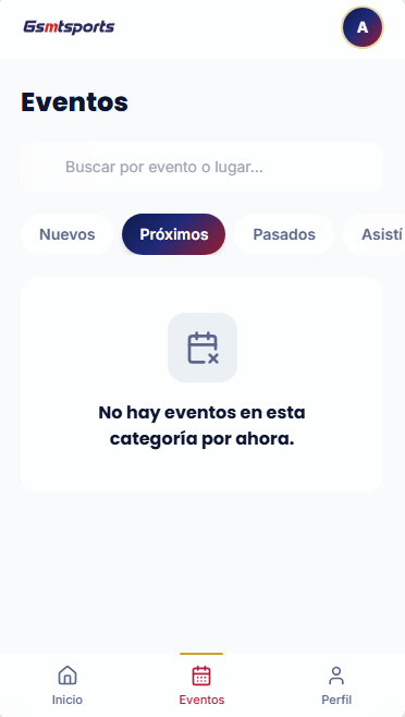Pantalla de Eventos de GSMT Sports con búsqueda, filtros y estado vacío
