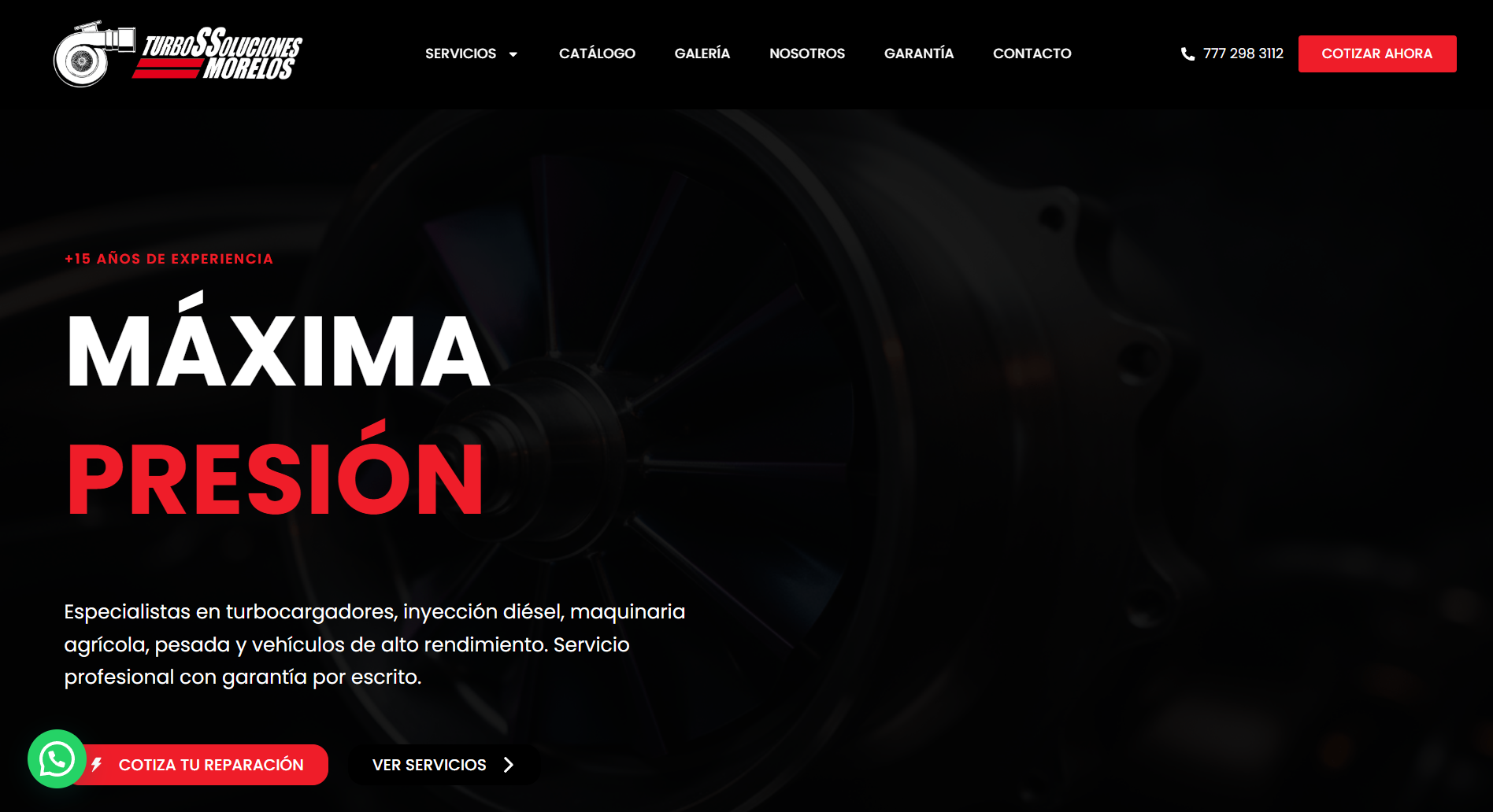 Captura de pantalla del sitio web de Turbo Soluciones Morelos, especialistas en turbocargadores e inyección diésel
