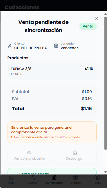 Modal de venta pendiente de sincronización en Nickmar Vendedor en Campo con detalle de productos, totales y comprobante