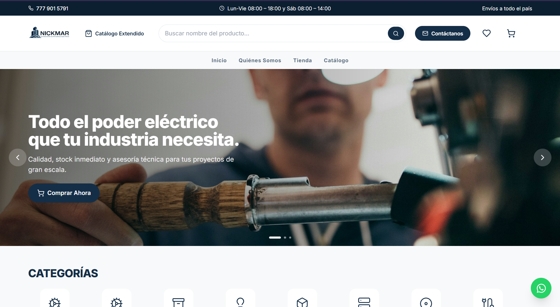 Captura de pantalla de la tienda en línea de Nickmar Materiales Eléctricos