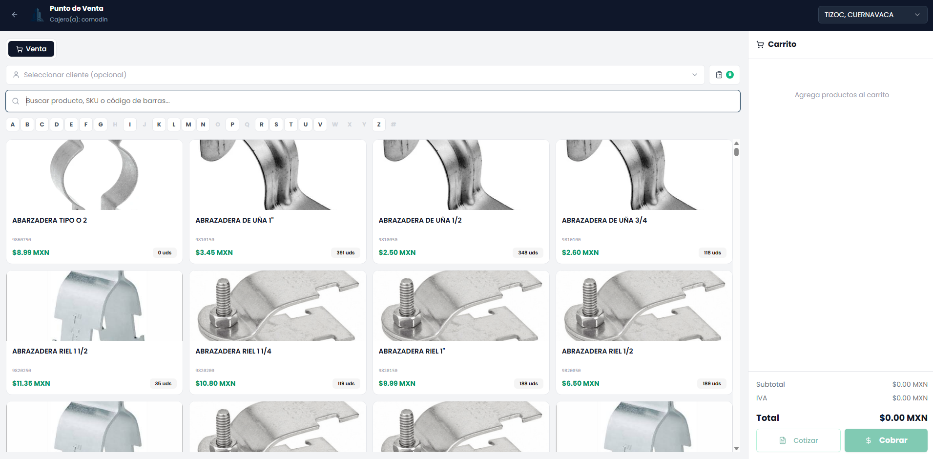 Pantalla de punto de venta del sistema de Nickmar con catálogo de productos y carrito de compras