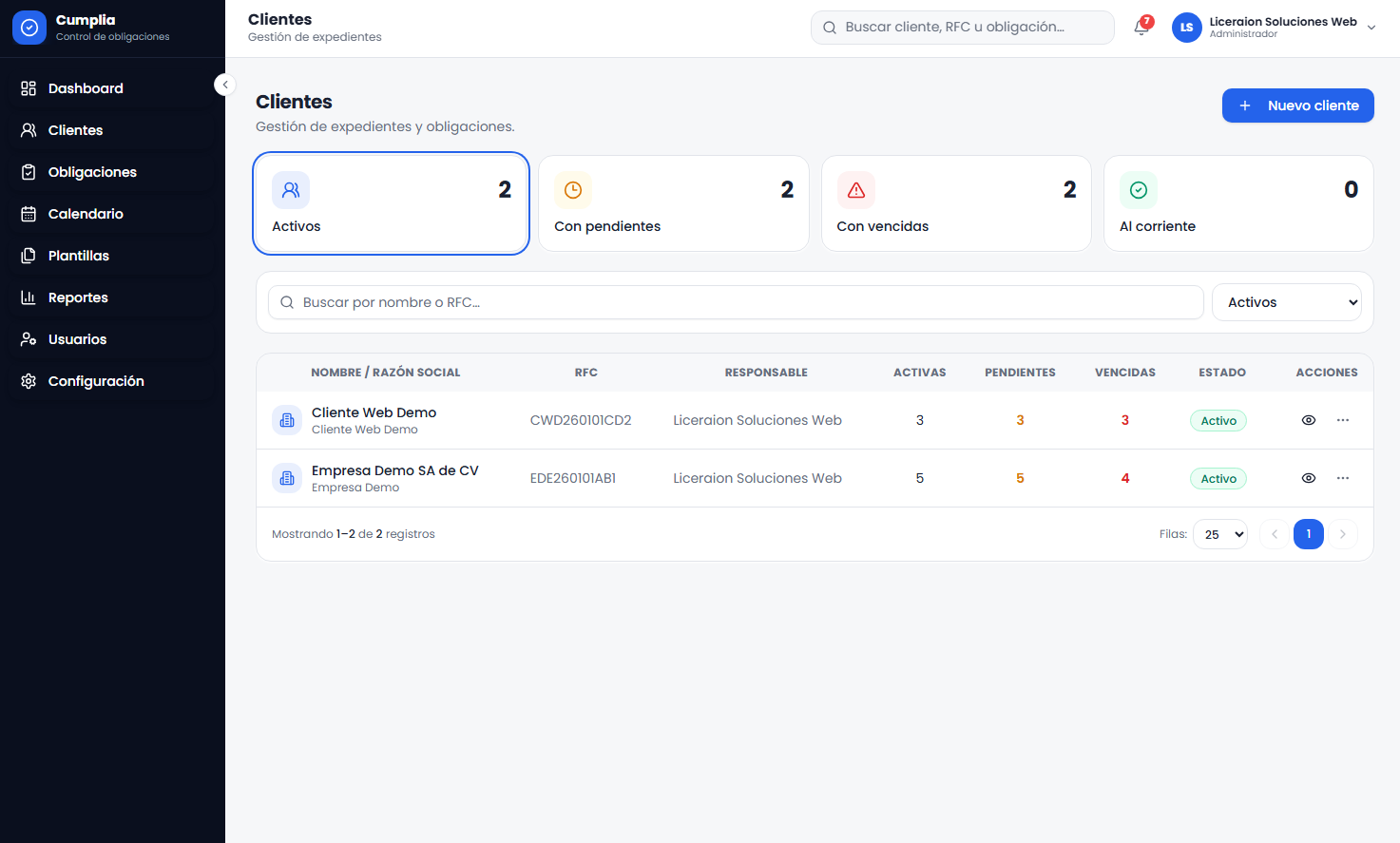 Módulo de clientes del sistema contable con métricas de obligaciones activas, pendientes y vencidas y tabla de clientes