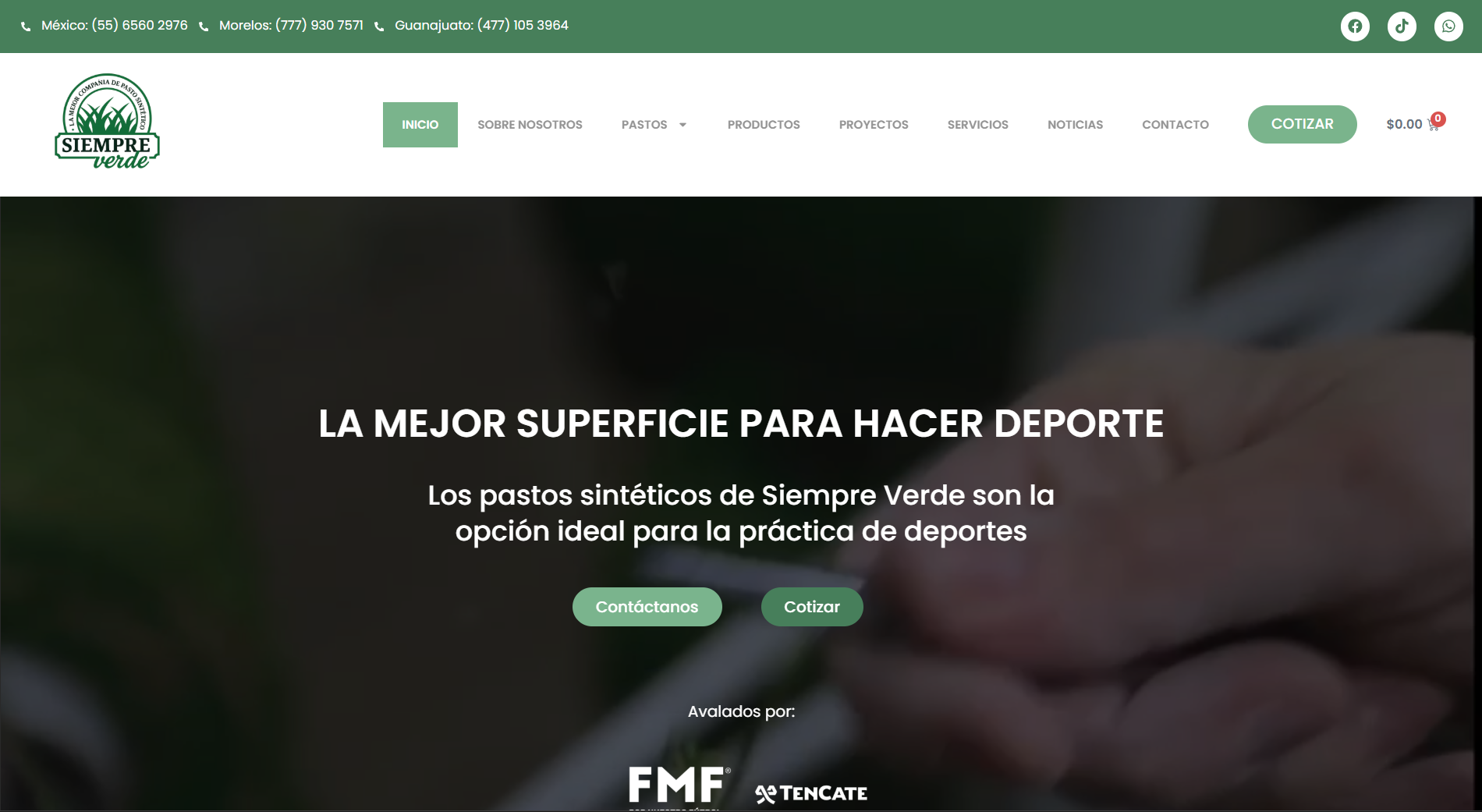 Captura de pantalla del sitio web de Pasto Siempre Verde, pastos sintéticos para deportes
