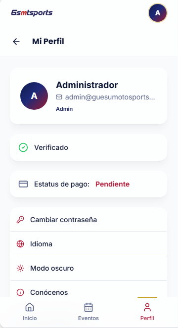 Pantalla de Mi Perfil en GSMT Sports con datos del administrador, estatus y opciones