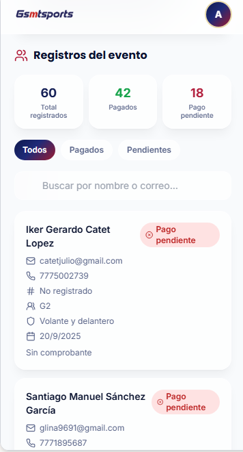 Pantalla de Registros del evento en GSMT Sports con totales, filtros y lista de participantes