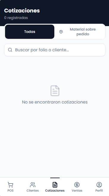 Pantalla de Cotizaciones de Nickmar Vendedor en Campo con contador de cotizaciones, búsqueda y estado vacío