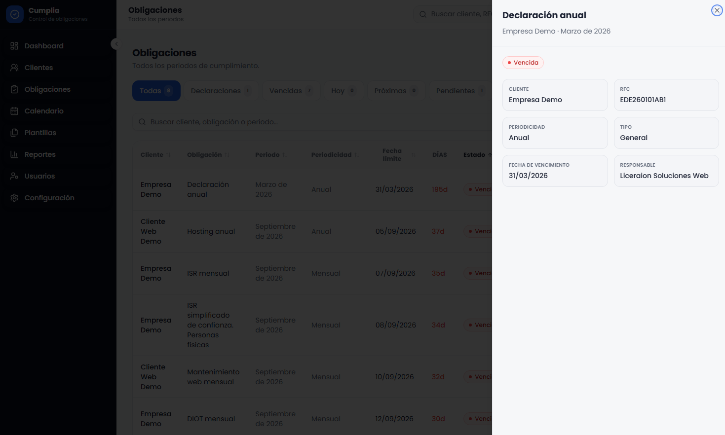 Detalle de una obligación del sistema contable con cliente, RFC, periodicidad y responsable