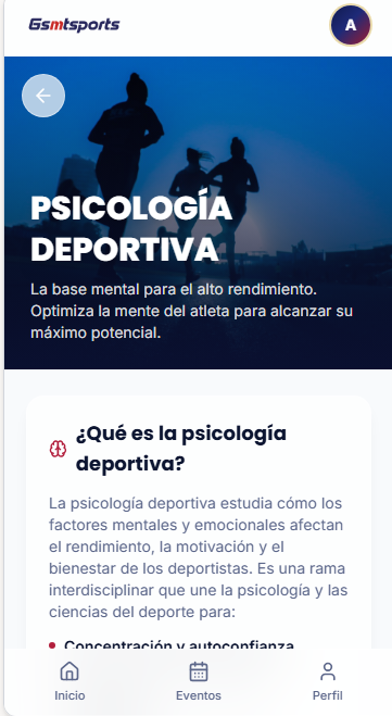 Detalle de Psicología Deportiva en GSMT Sports con encabezado, definición y beneficios