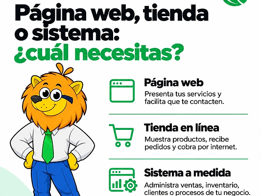 Infografía de Liceraion: página web, tienda en línea o sistema a medida, y qué resuelve cada solución
