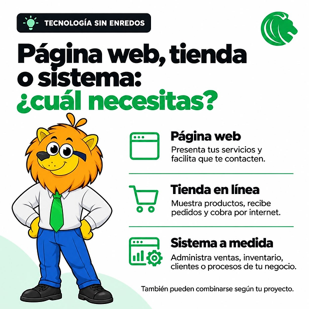 Infografía de Liceraion: página web, tienda en línea o sistema a medida, y qué resuelve cada solución