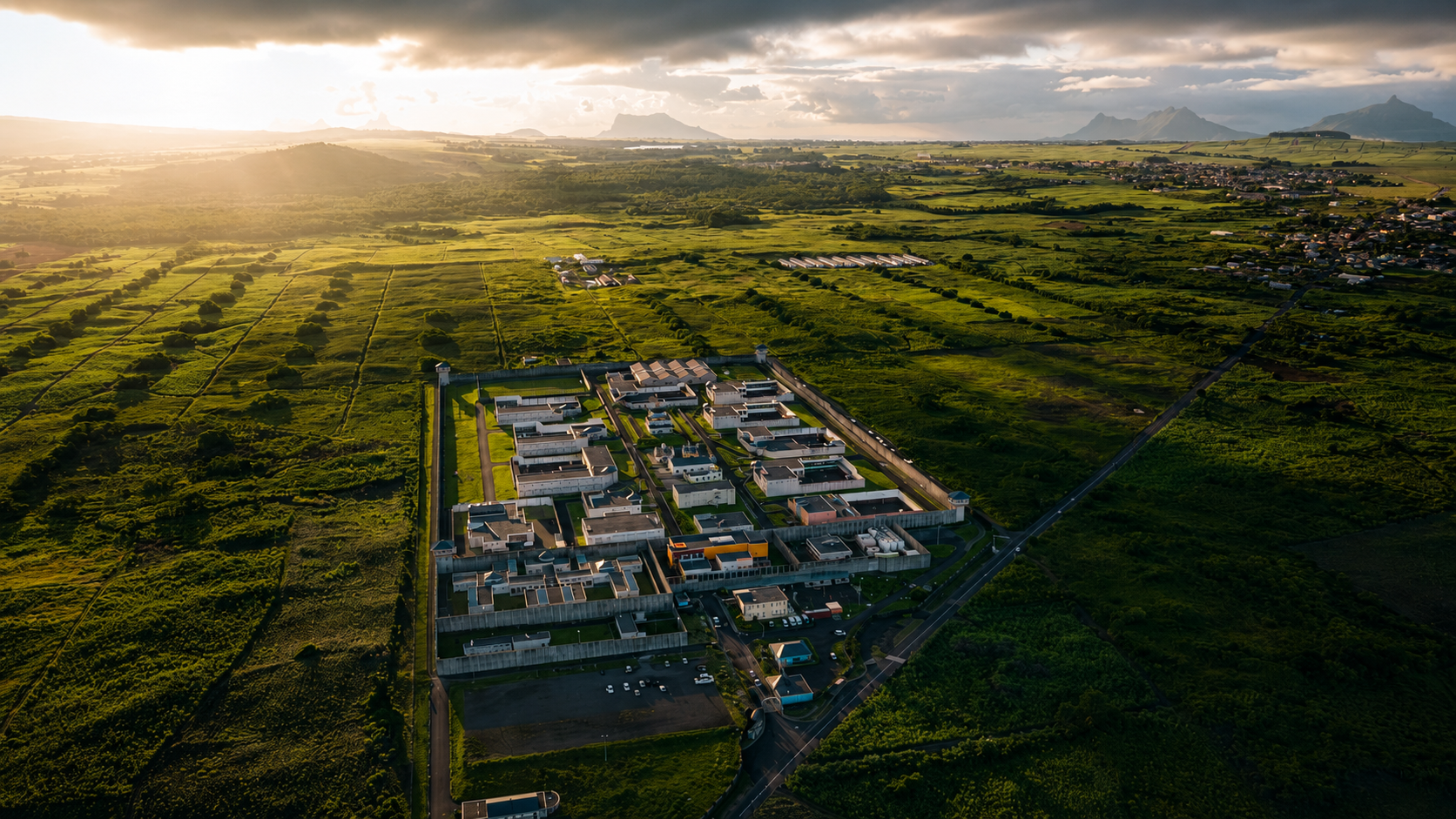 Aerial view of Melrose prison facility at golden hour