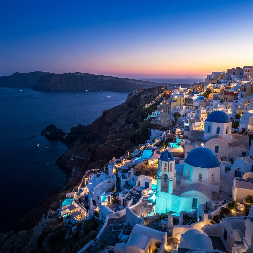 Santorini, Greece at blue hour, whitewashed buildings and blue domes above the Aegean