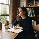 Portrait of the author at their writing desk