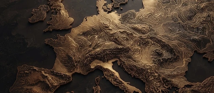 A stylized digital illustration of a modern European power grid connecting industrial manufacturing hubs with glowing golden dividend coins.