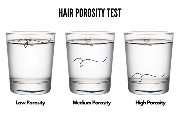 Hair porosity float test showing hair floating (low), suspended (medium), and sunk (high)