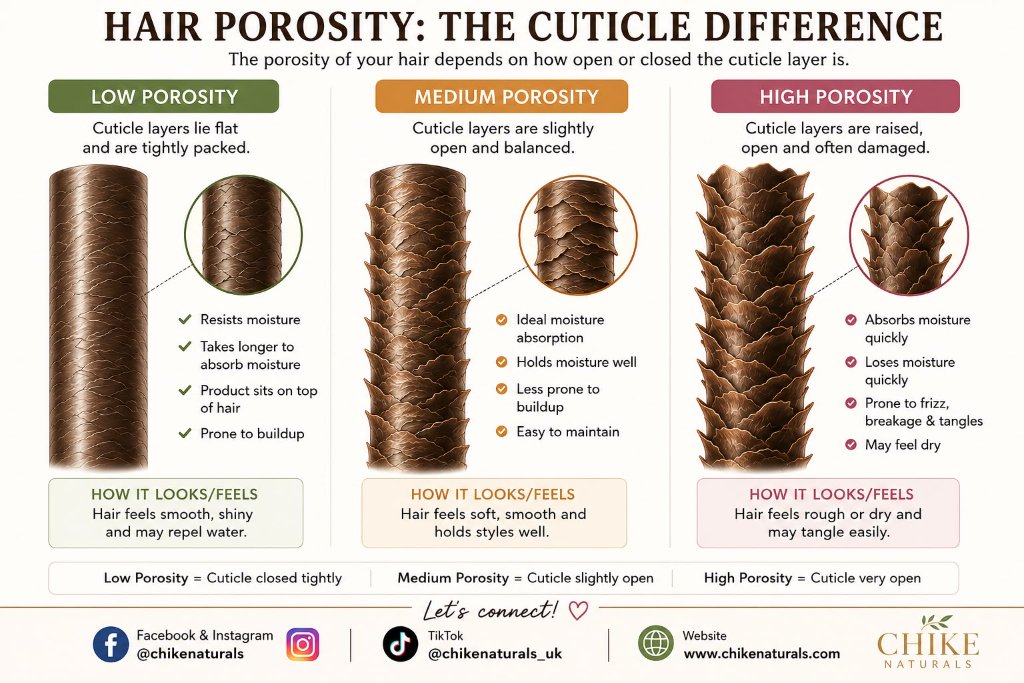 Illustration showing low, medium and high porosity hair strands side by side