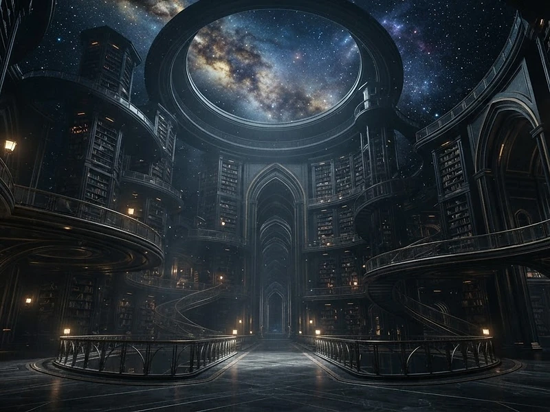 A futuristic library opening into a starry nebula