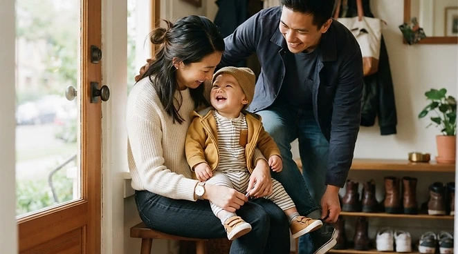 An Asian family with their baby getting ready to go outside